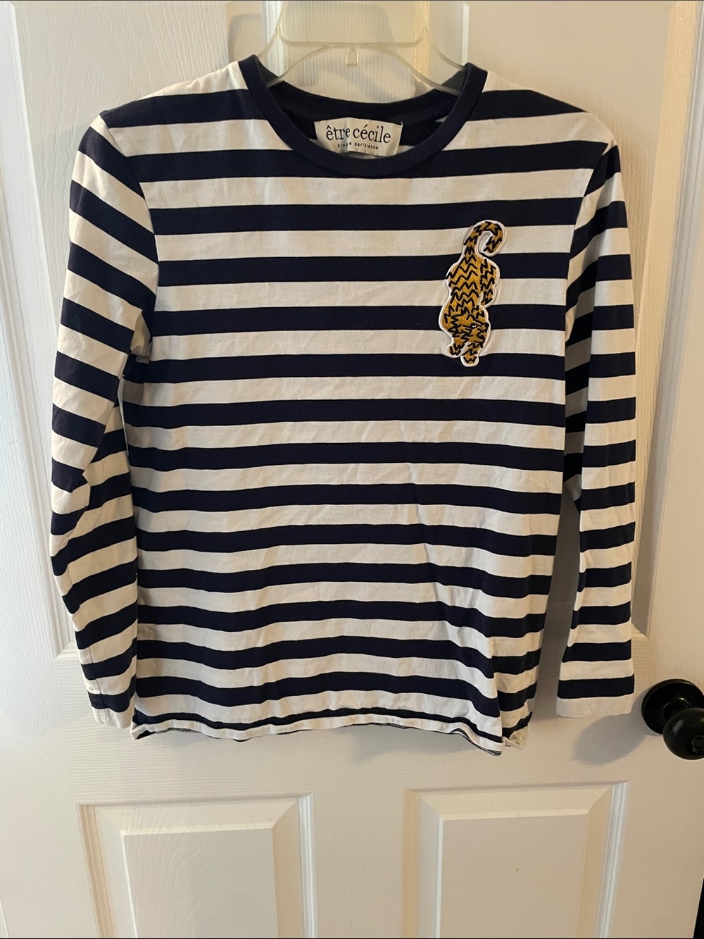 être cécile Navy & White Striped Long-Sleeve Tee with Yellow Tiger Patch